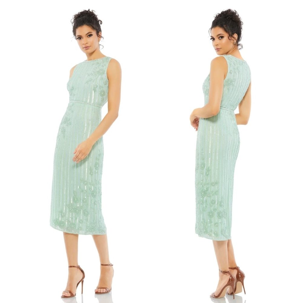 Mac Duggal | STRIPED FLORAL EMBELLISHED SLEEVELESS MIDI DRESS #70260 size 8